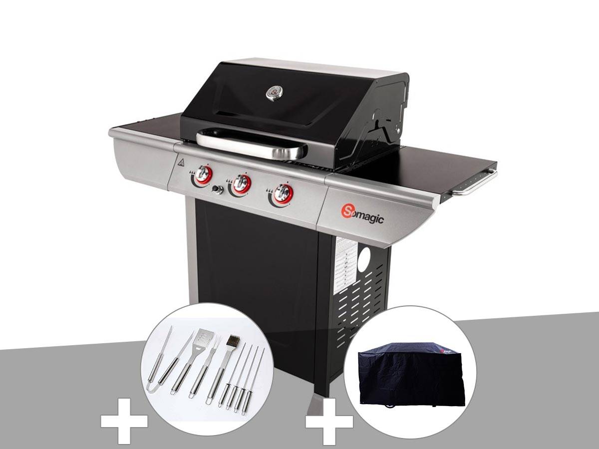 Somagic - Barbecue à gaz avec chariot 3 brûleurs Manhattan 300S - Somagic + Malette de 8 accessoires inox + Housse de protection