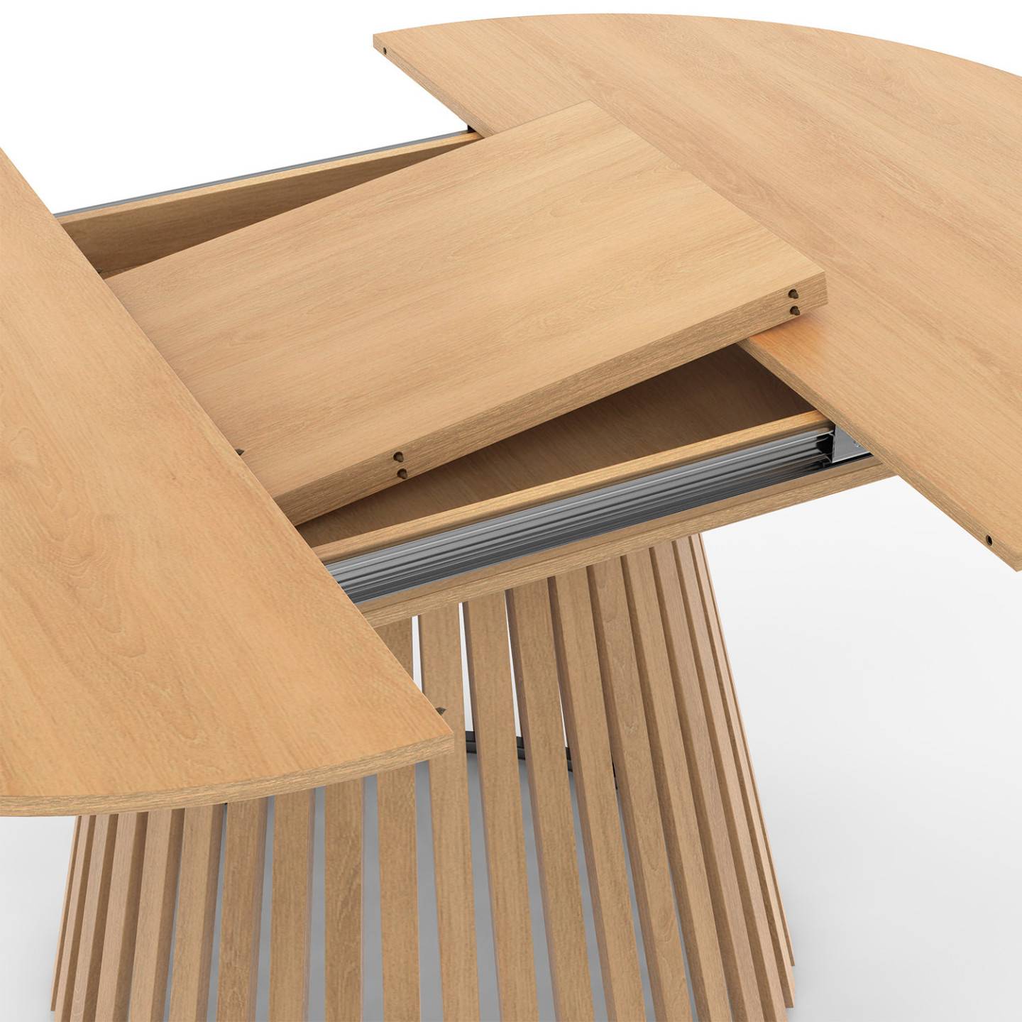 Table à manger extensible ronde CARMEN 4-8 personnes pied bois en lattes et plateau bois 110 - 150 cm - Image 6