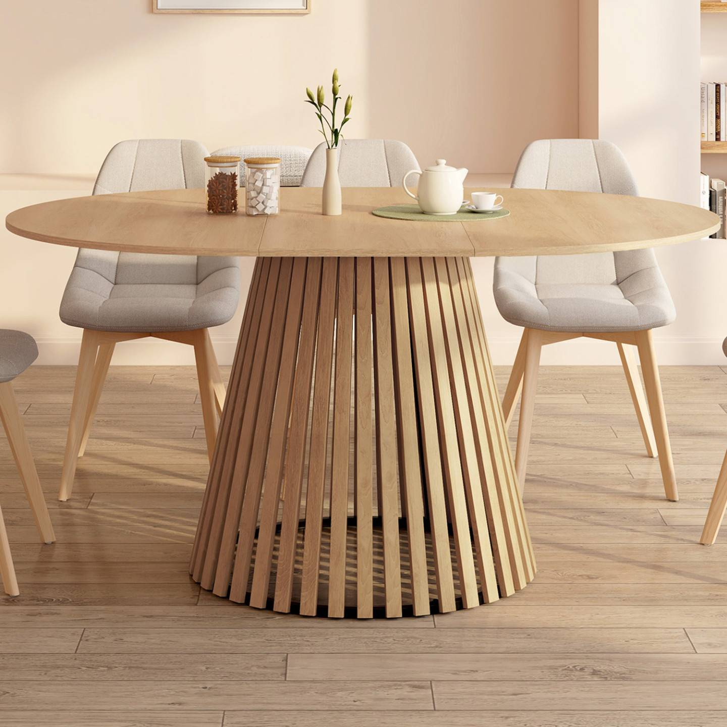Table à manger extensible ronde CARMEN 4-8 personnes pied bois en lattes et plateau bois 110 - 150 cm - Image 1