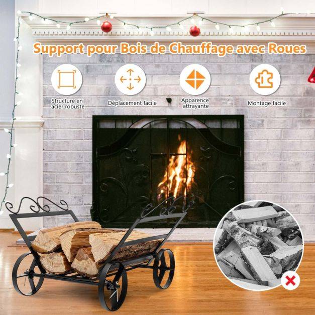 Helloshop26 - Range bûches en métal serviteur de cheminée avec 4 roues pour intérieur et extérieur idéal pour cheminée foyer noir - Imagen 3