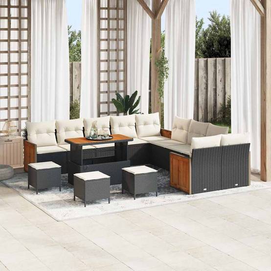 Canapé Extérieur Géant 18 Pcs Noir Crème Polyrotin Pour Events et Acacia avec Coussins Déhoussables – ComfortXL Outdoor Living - Image 1