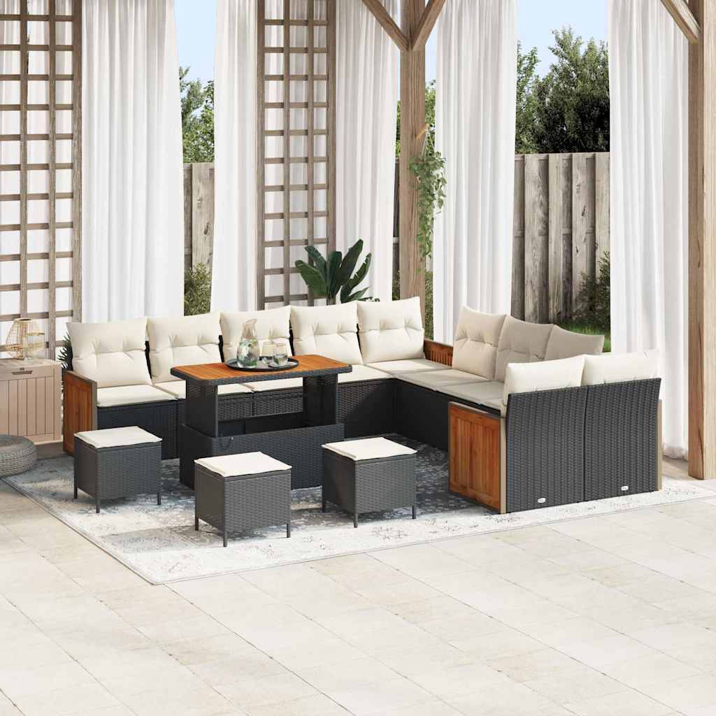 Canapé Extérieur Géant 18 Pcs Noir Crème Polyrotin Pour Events et Acacia avec Coussins Déhoussables – ComfortXL Outdoor Living - Image 1
