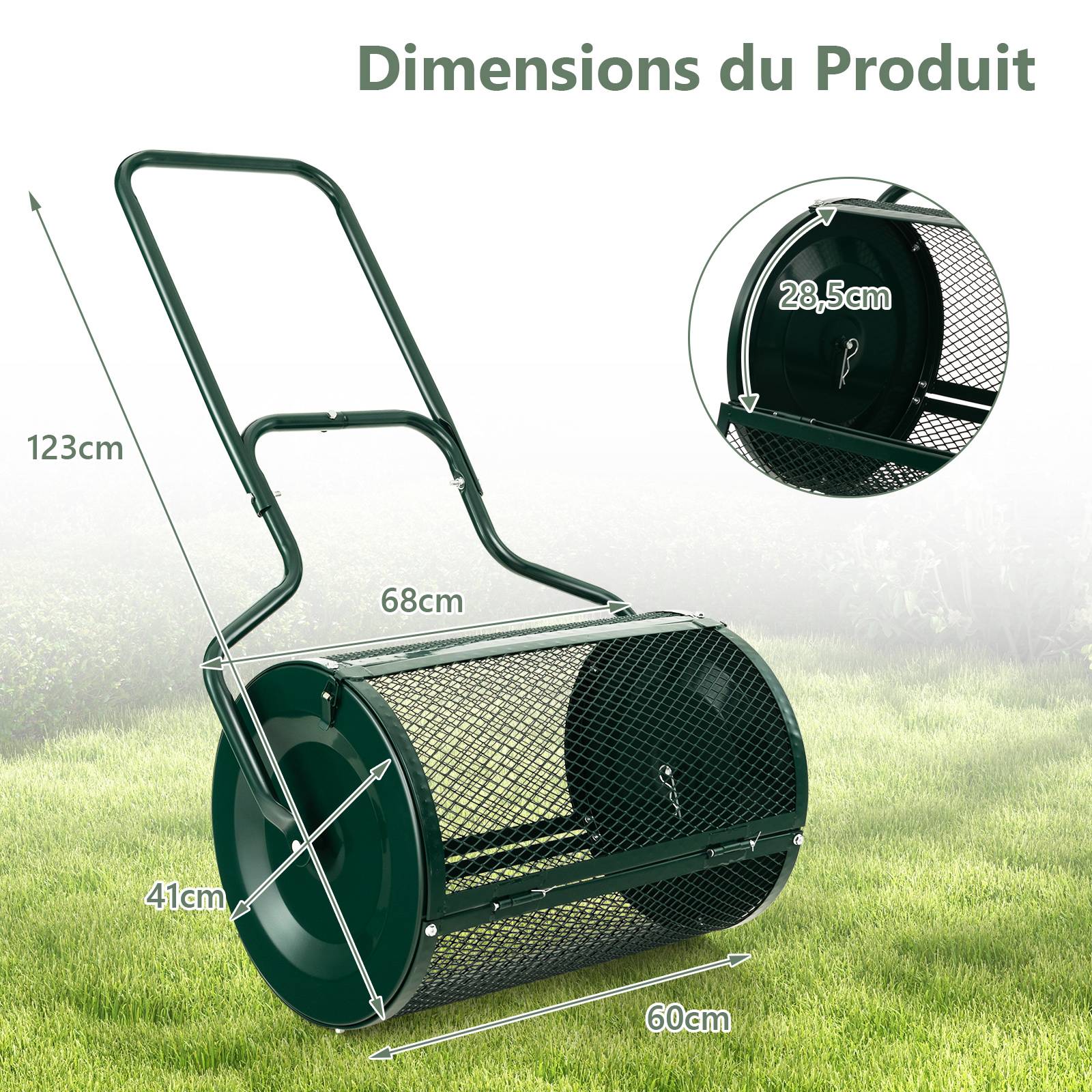 Épandeur à Compost de 60 cm Rouleau en Treillis Métallique, Épandeur de Gazon avec Poignée en Forme de 'U' Loquets Latéraux, Vert - Image 2