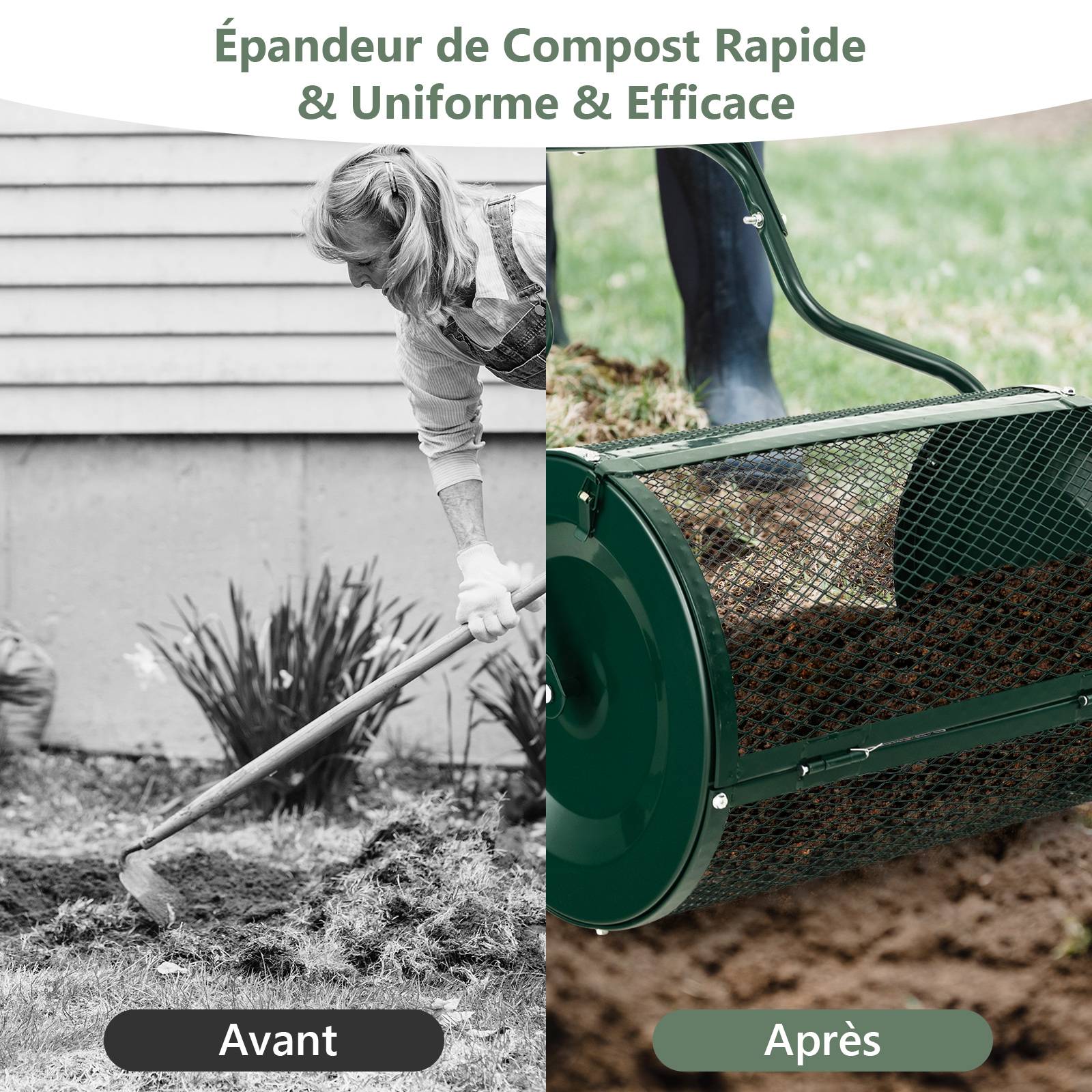 Épandeur à Compost de 60 cm Rouleau en Treillis Métallique, Épandeur de Gazon avec Poignée en Forme de 'U' Loquets Latéraux, Vert - Image 1