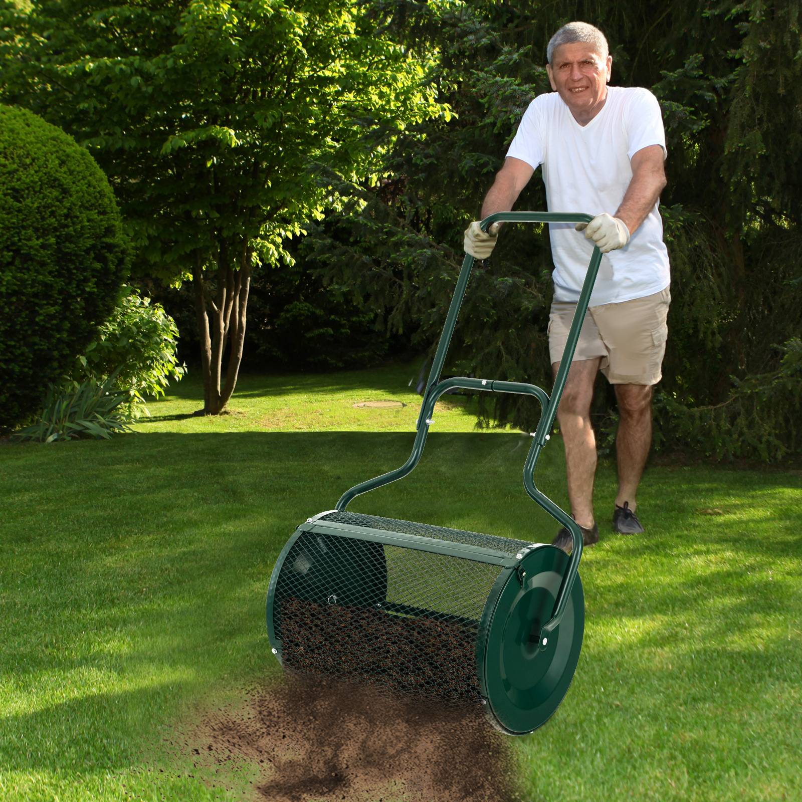 Épandeur à Compost de 60 cm Rouleau en Treillis Métallique, Épandeur de Gazon avec Poignée en Forme de 'U' Loquets Latéraux, Vert - Image 6