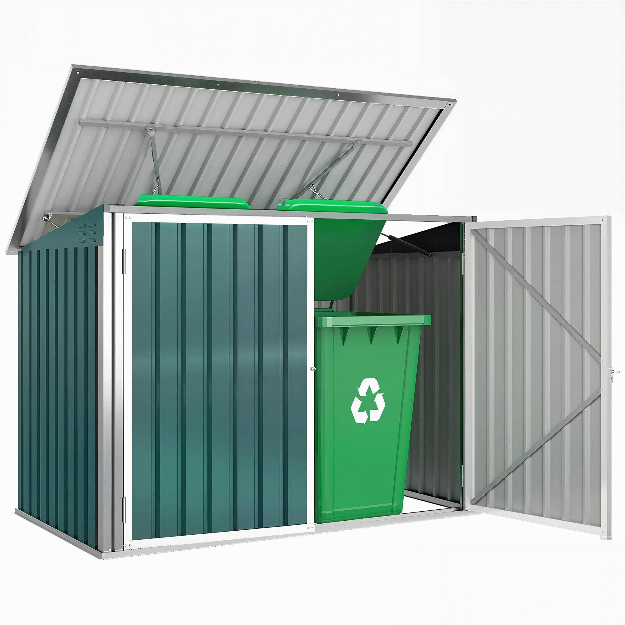 Cache Poubelle Extérieur en Acier Galvanisé pour 2 Poubelles, Double Porte, Couvercle Pneumatique, 180x108x130cm, Vert