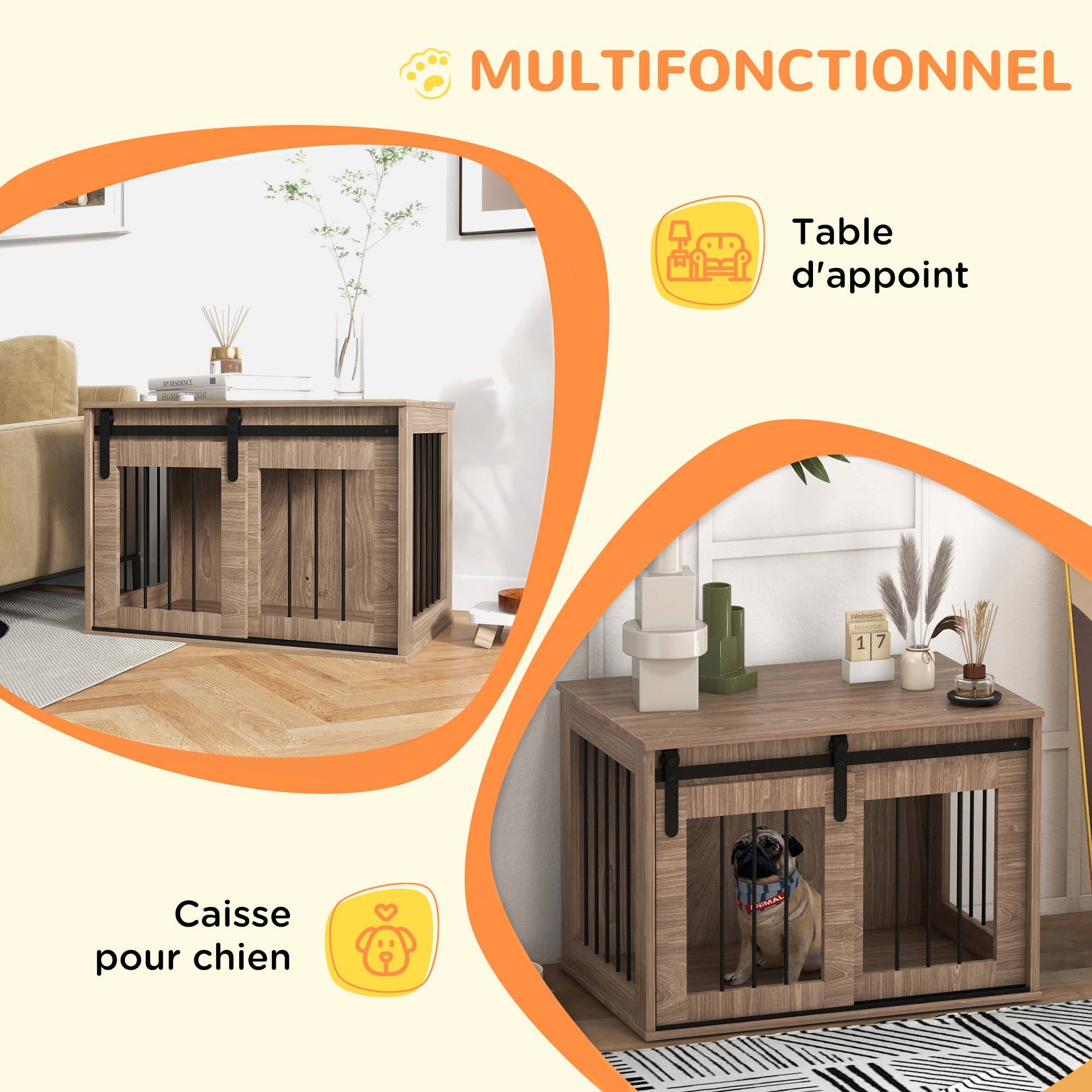 Caisse pour chien intérieur métal effet bois, porte coulissante, 80x54x57 cm - Image 7