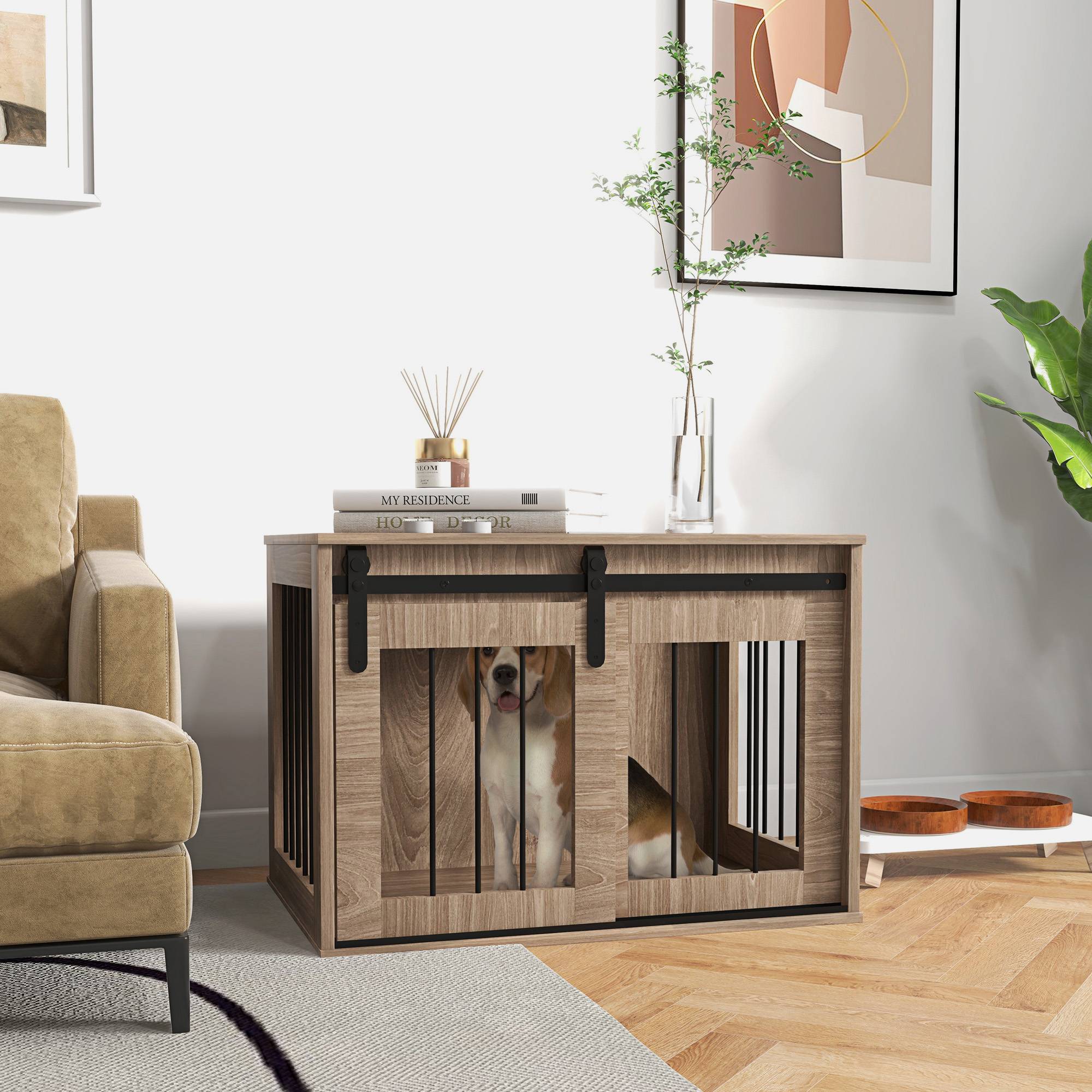 Caisse pour chien intérieur métal effet bois, porte coulissante, 80x54x57 cm - Image 3