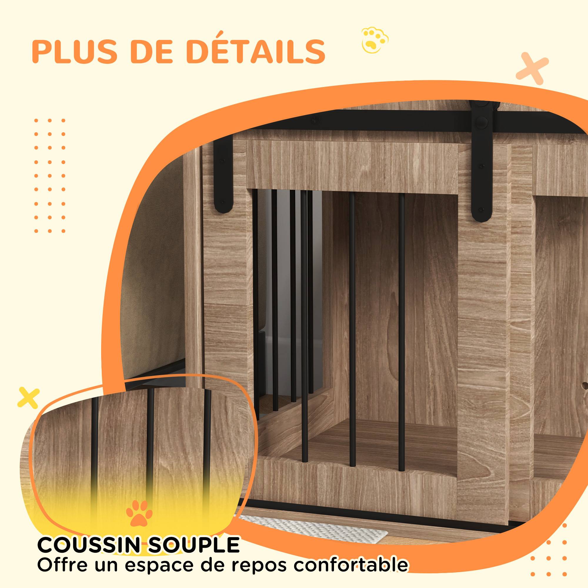 Caisse pour chien intérieur métal effet bois, porte coulissante, 80x54x57 cm - Image 9