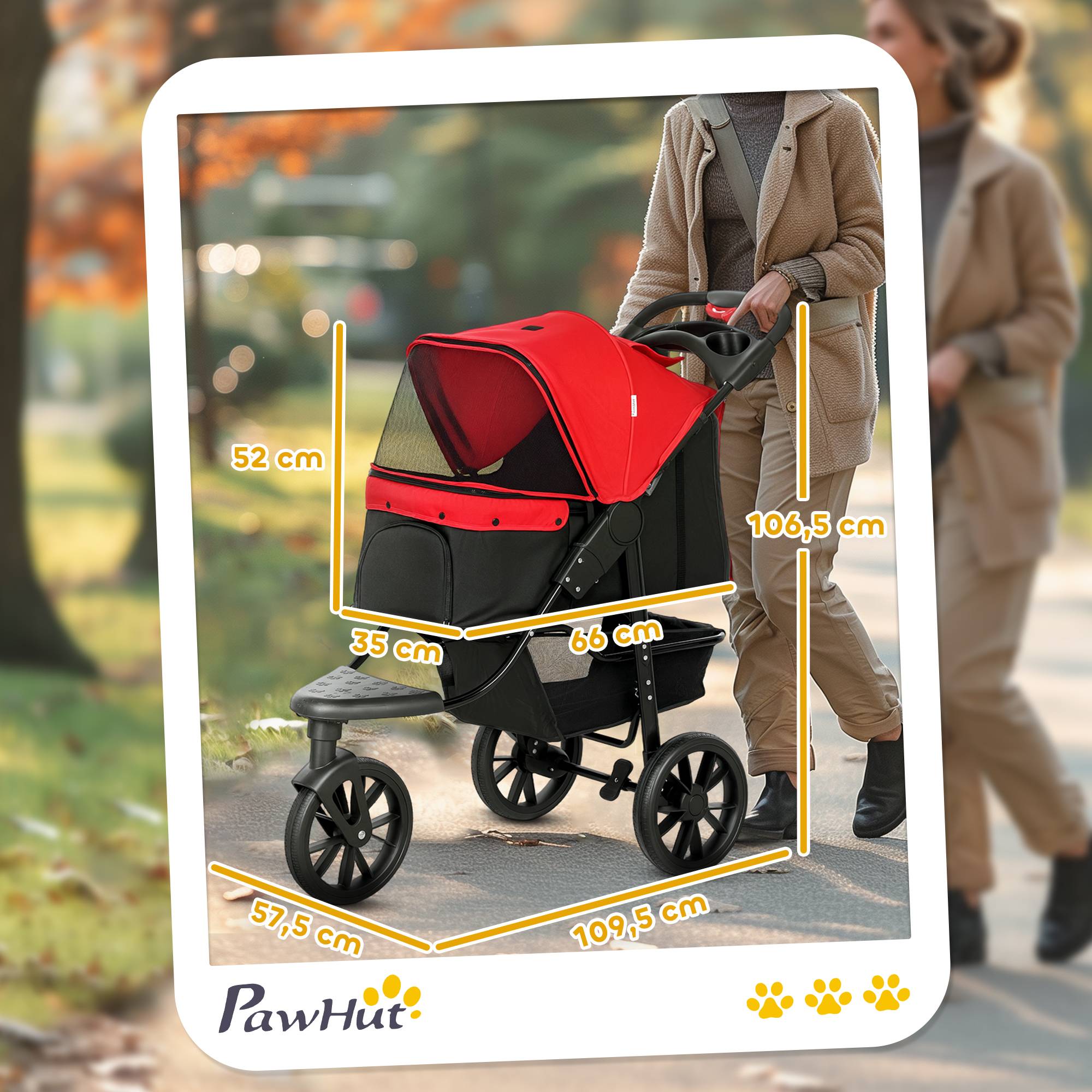 Poussette pour chien à 3 roues, fenêtres en filet, panier de rangement et sangles de sécurité, 109,5 x 57,5 x 106,5 cm, rouge - Image 5