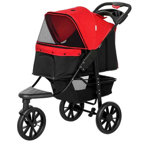 Poussette pour chien à 3 roues, fenêtres en filet, panier de rangement et sangles de sécurité, 109,5 x 57,5 x 106,5 cm, rouge - Image 2