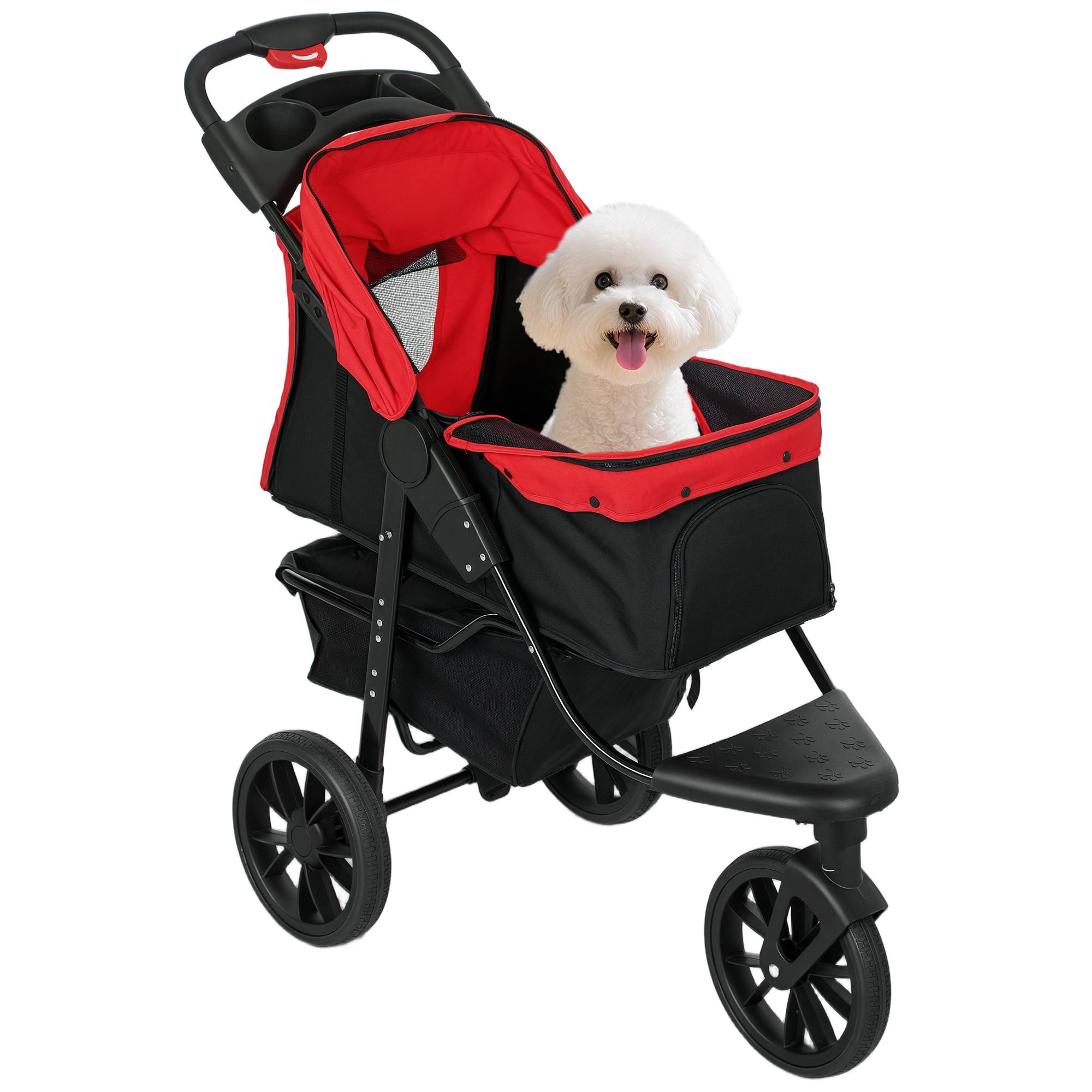 Poussette pour chien à 3 roues, fenêtres en filet, panier de rangement et sangles de sécurité, 109,5 x 57,5 x 106,5 cm, rouge