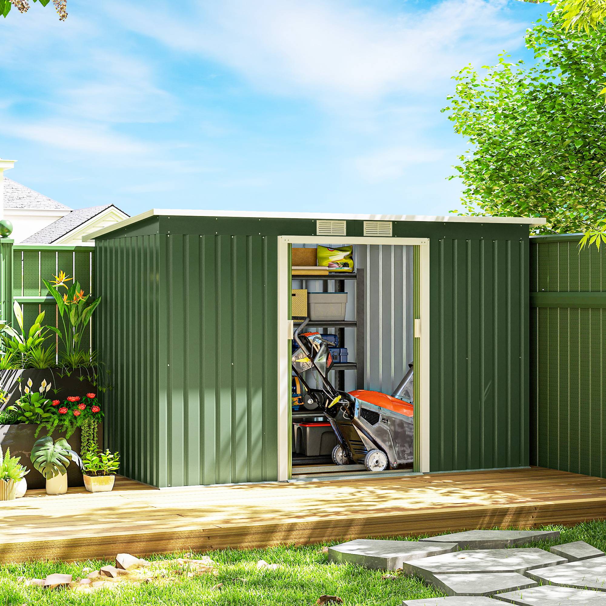 Abri de jardin en acier galvanisé de 3,2 m² avec kit de fondation, aérations, toit en pente, double porte coulissante verrouillable, vert clair - Image 4