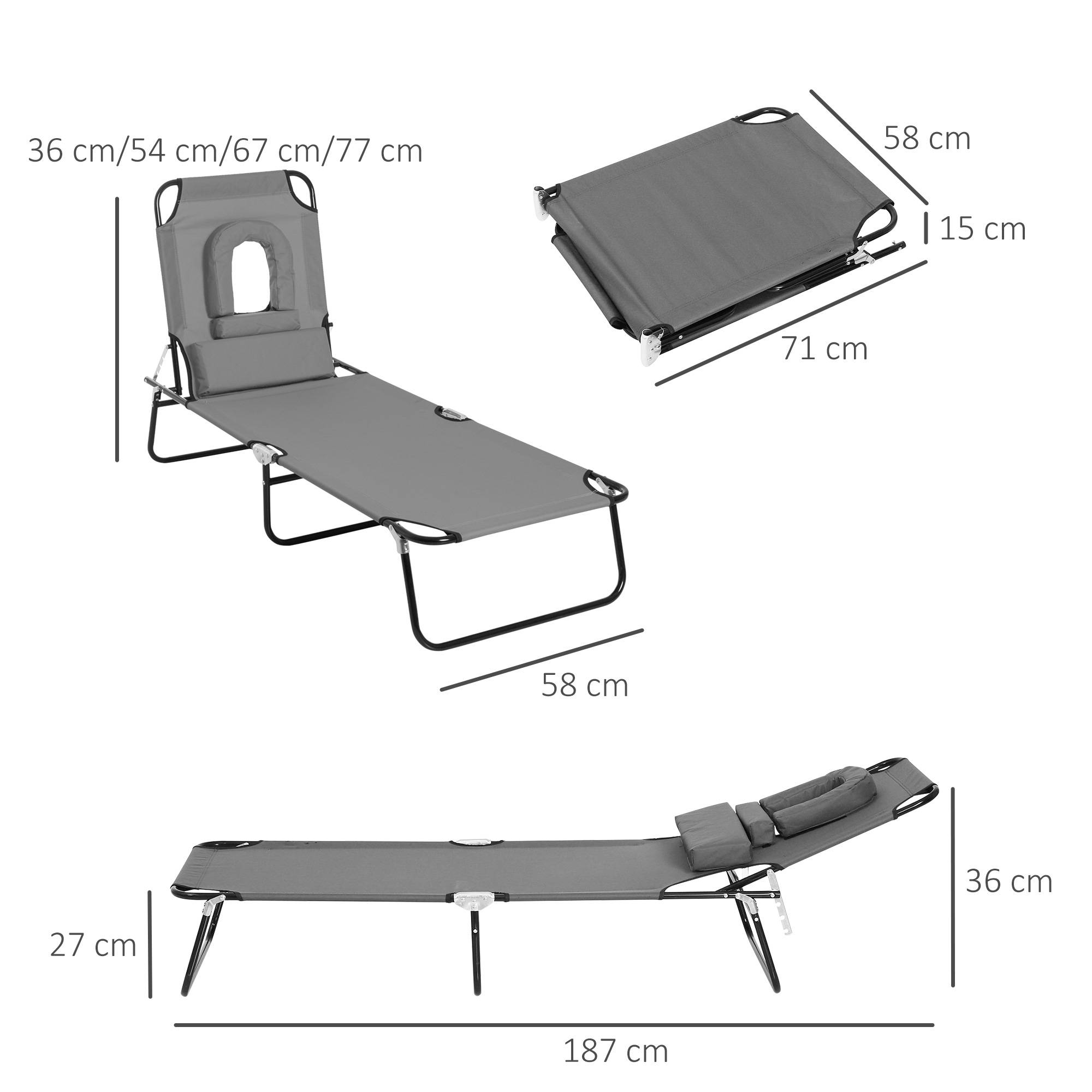 Bain de Soleil Pliable transat inclinable 4 Positions Chaise Longue 3 Coussins fournis Gris fr106 - Image 5