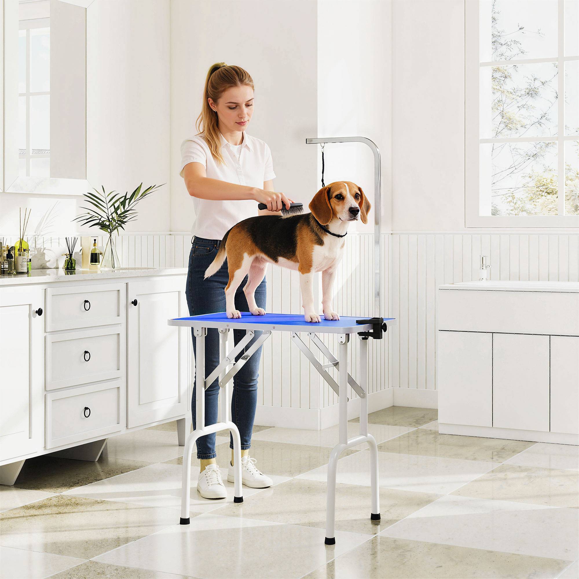 ComfortXL - Table de toilettage pour chien acier inoxydable 81 x 48,5 x 80 cm bleue pliable avec potence réglable - Image 1
