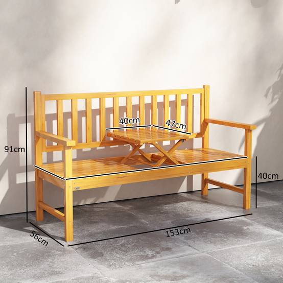 Banc de jardin en bois massif avec table escamotable, résistant aux intempéries, 153 x 56 x 91 cm, Marron clair - Image 3