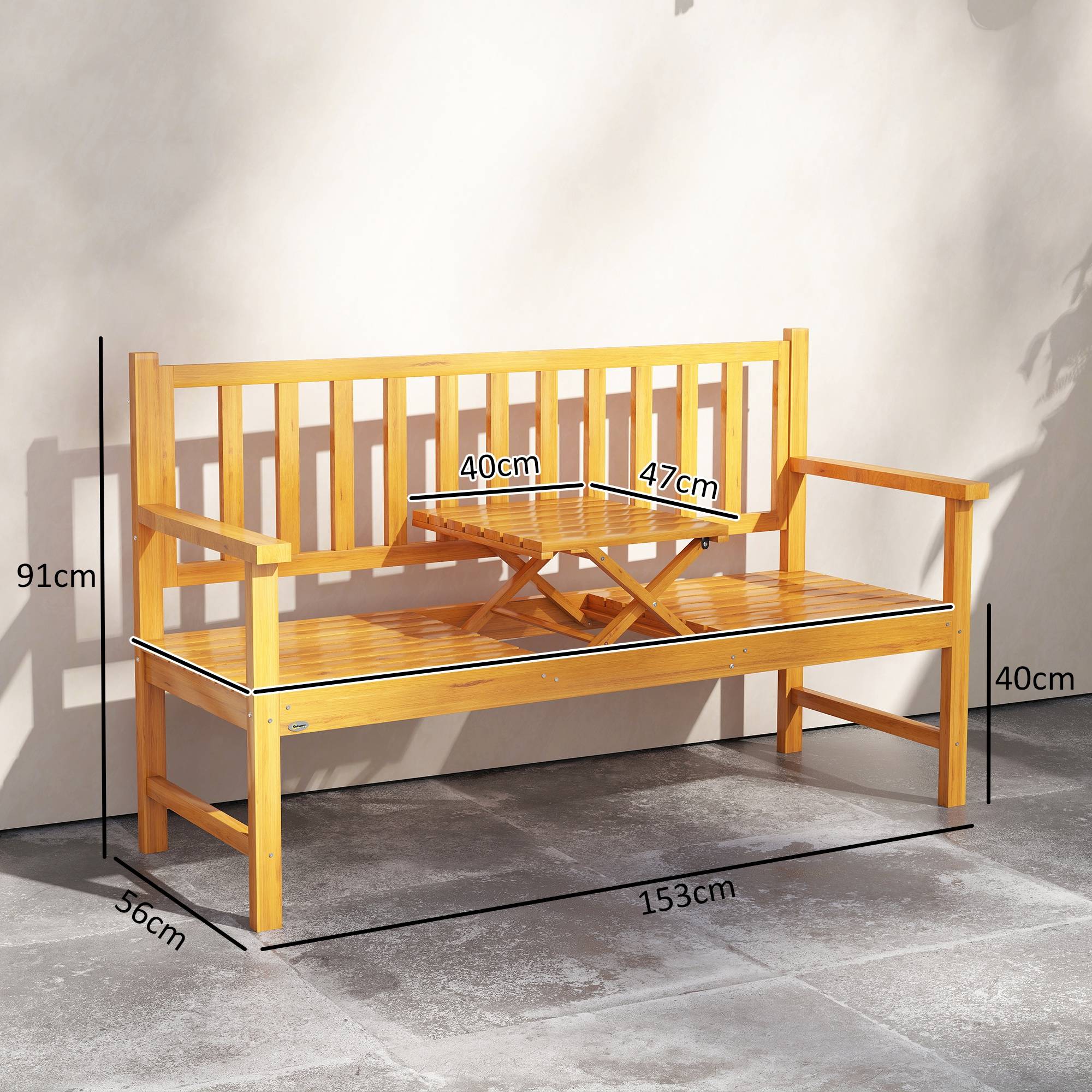 Banc de jardin en bois massif avec table escamotable, résistant aux intempéries, 153 x 56 x 91 cm, Marron clair - Image 3