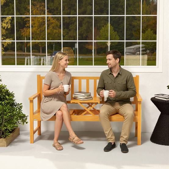 Banc de jardin en bois massif avec table escamotable, résistant aux intempéries, 153 x 56 x 91 cm, Marron clair - Image 7