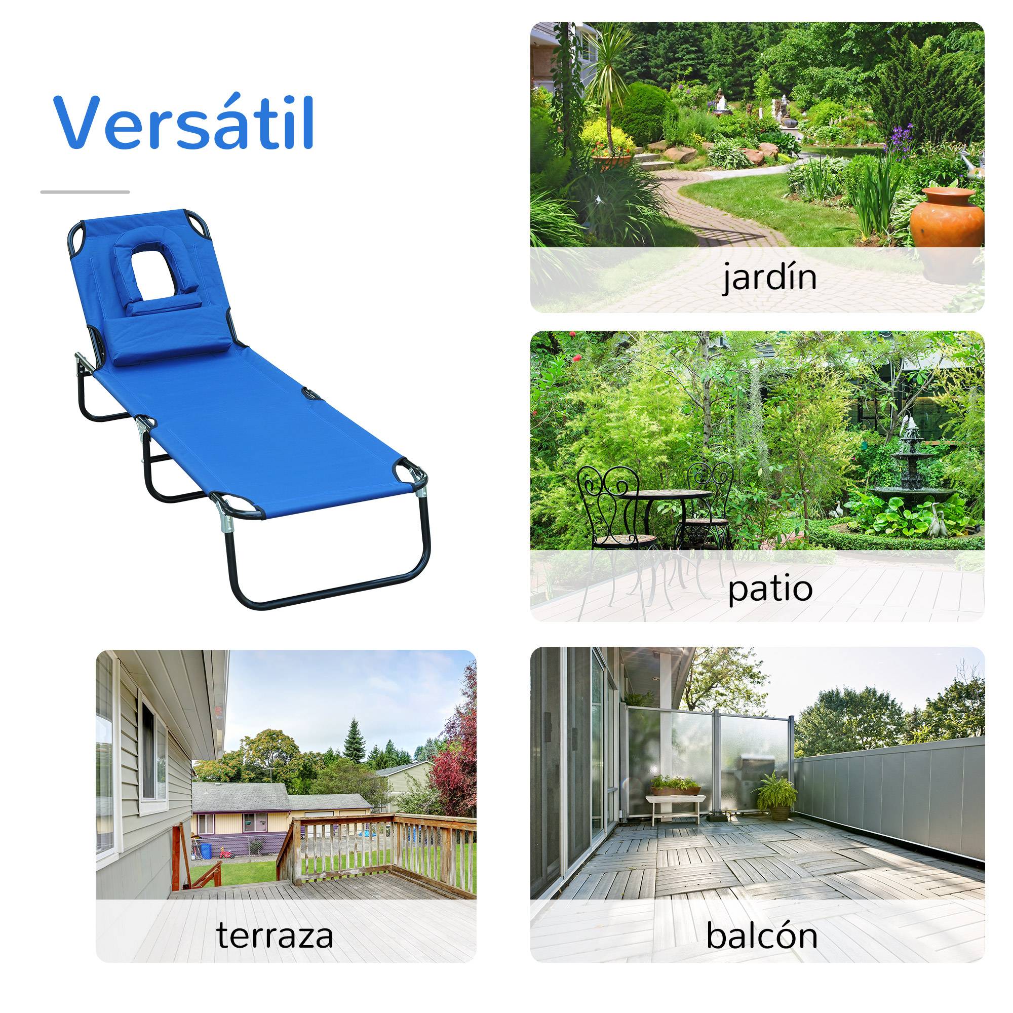 Transat Pliant Dossier 4 Positions avec Coussin, Structure Métal et Tissu Oxford, Camping/Plage/Terrasse, 190 x 56 x 28 cm, Bleu - Image 6