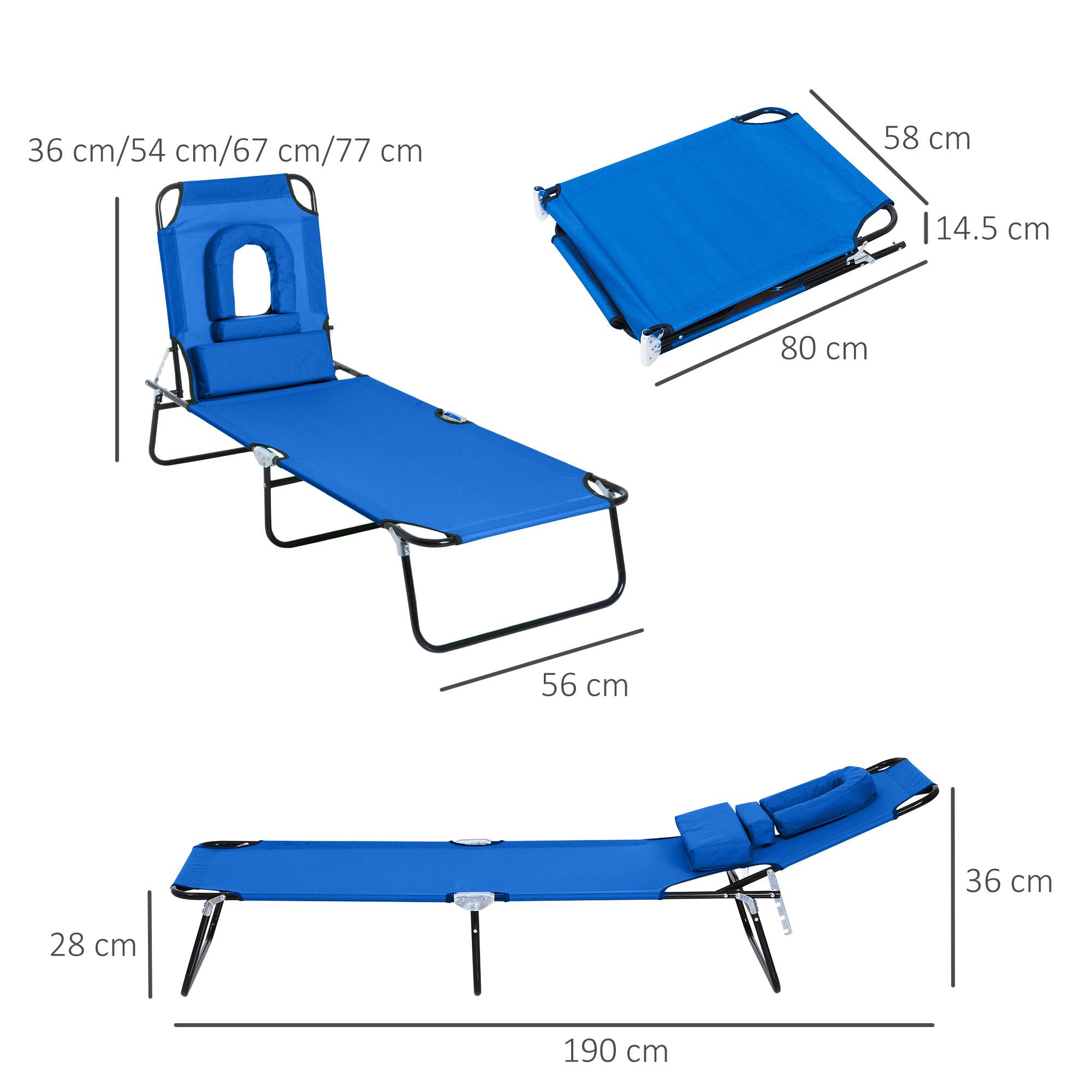Transat Pliant Dossier 4 Positions avec Coussin, Structure Métal et Tissu Oxford, Camping/Plage/Terrasse, 190 x 56 x 28 cm, Bleu - Image 4
