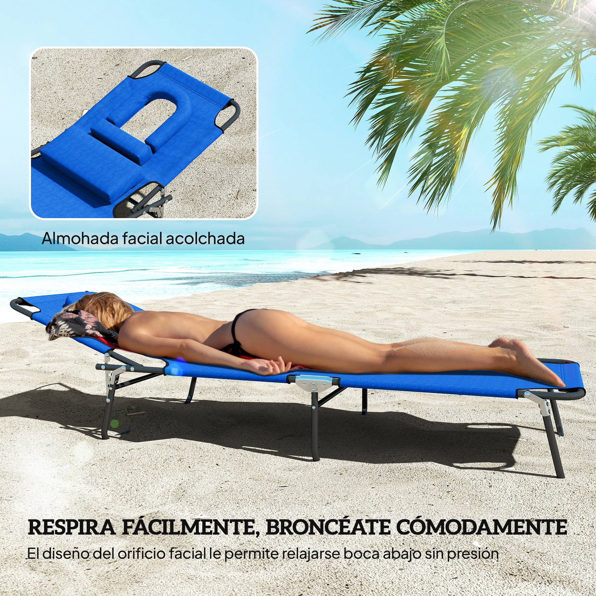 Transat Pliant Dossier 4 Positions avec Coussin, Structure Métal et Tissu Oxford, Camping/Plage/Terrasse, 190 x 56 x 28 cm, Bleu - Image 8