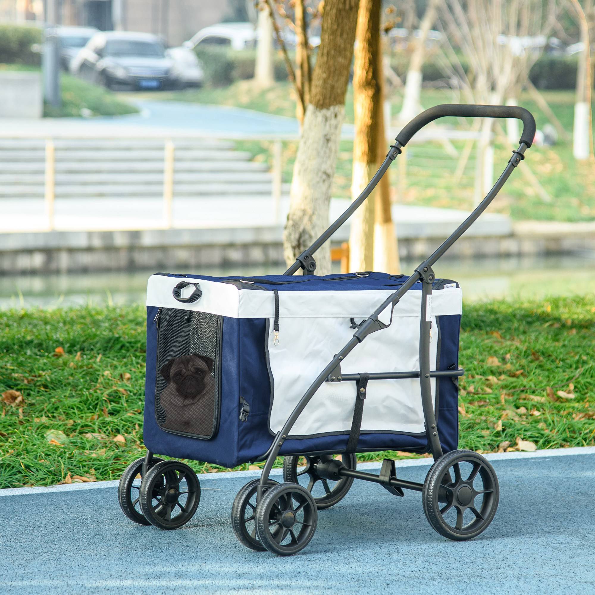 Poussette chien, pliable, panier amovible, 81 x 58 x 97,5 cm, noir + bleu + blanc - Image 4
