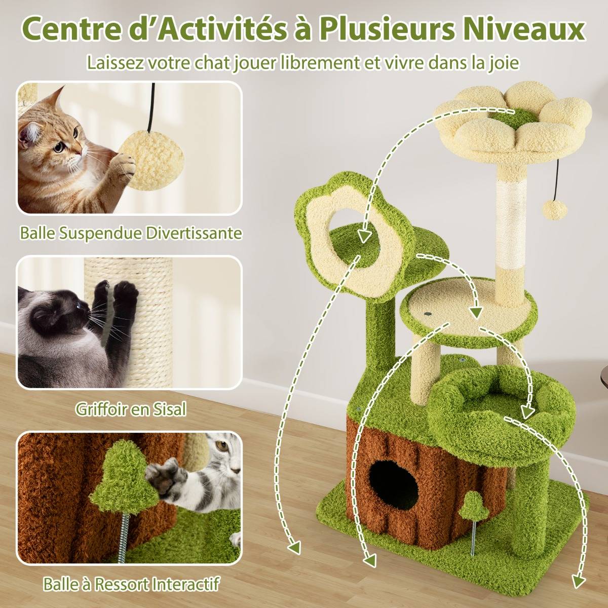 Arbre à Chat pour Chats Tour Multi-niveaux avec Condo Tronc Perchoir Fleur Lit Douillet en Peluche - Imagen 5