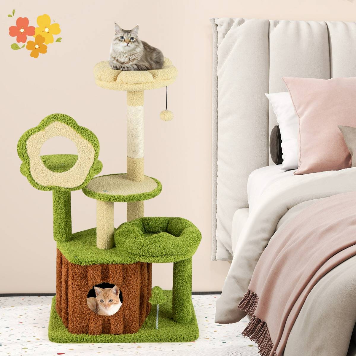 Arbre à Chat pour Chats Tour Multi-niveaux avec Condo Tronc Perchoir Fleur Lit Douillet en Peluche - Imagen 3