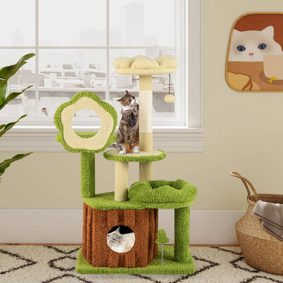 Arbre à Chat pour Chats Tour Multi-niveaux avec Condo Tronc Perchoir Fleur Lit Douillet en Peluche - Imagen 4