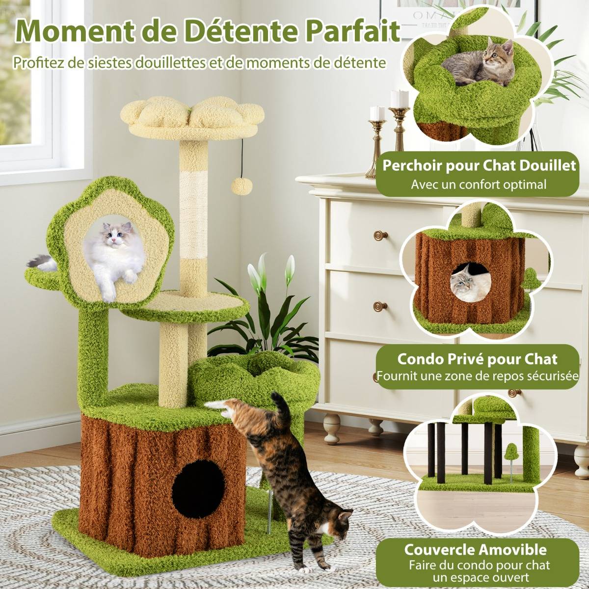 Arbre à Chat pour Chats Tour Multi-niveaux avec Condo Tronc Perchoir Fleur Lit Douillet en Peluche - Imagen 7