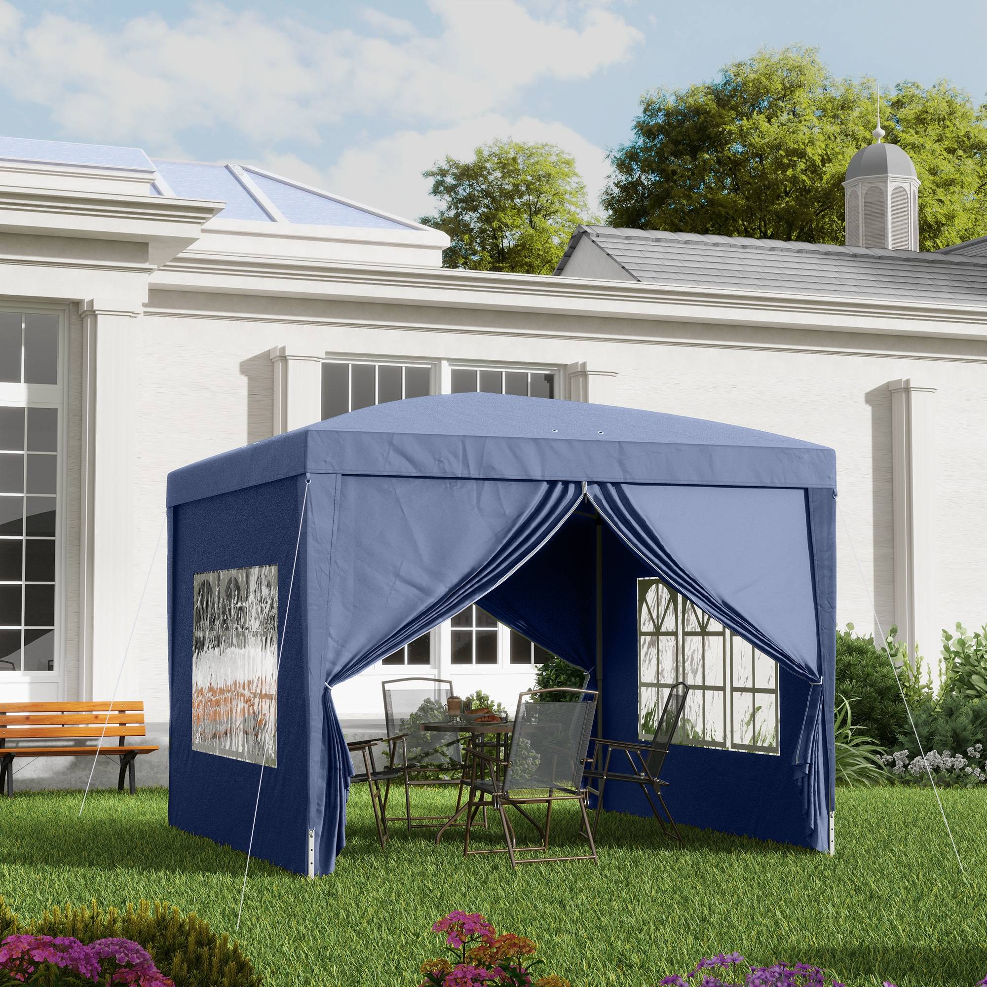 Tonnelle pliante avec 4 parois amovibles, 3 x 3 m, avec sac de transport, imperméable et anti-UV, bleue. - Image 3