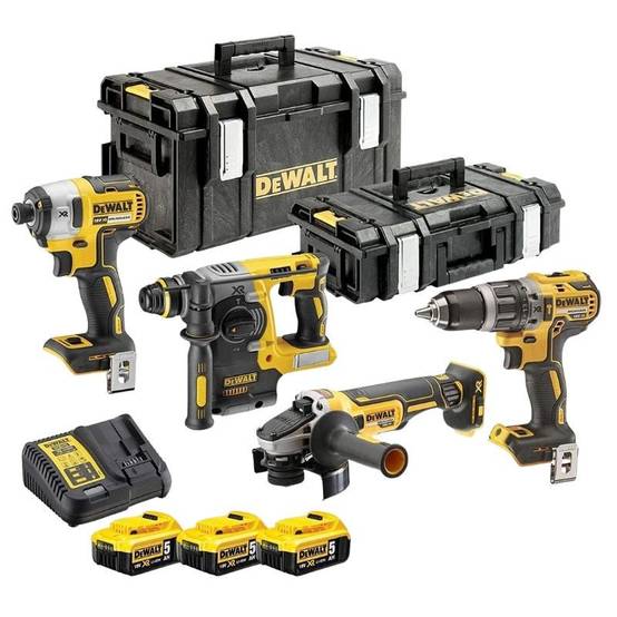 Pack 4 machines DEWALT DCK422P3 : perceuse (DCD796), visseuse à choc (DCF887), perforateur (DCH273) et meuleuse Ø125mm (DCG405) avec 2 coffrets Toughs - Image 1