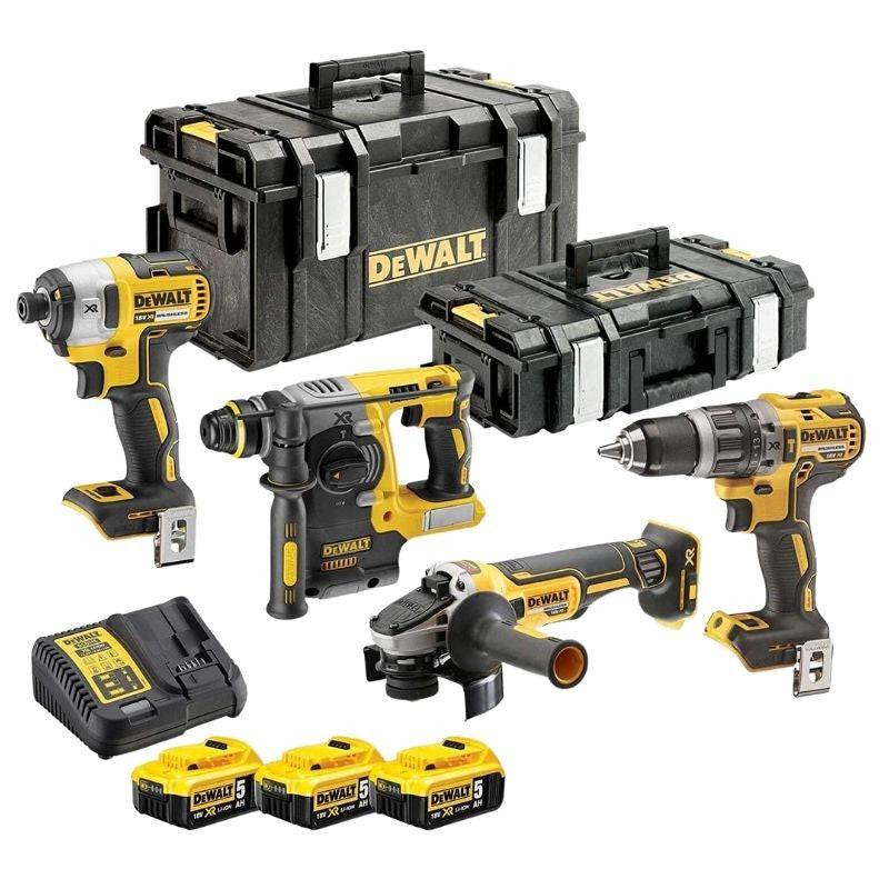 Pack 4 machines DEWALT DCK422P3 : perceuse (DCD796), visseuse à choc (DCF887), perforateur (DCH273) et meuleuse Ø125mm (DCG405) avec 2 coffrets Toughs - Image 1