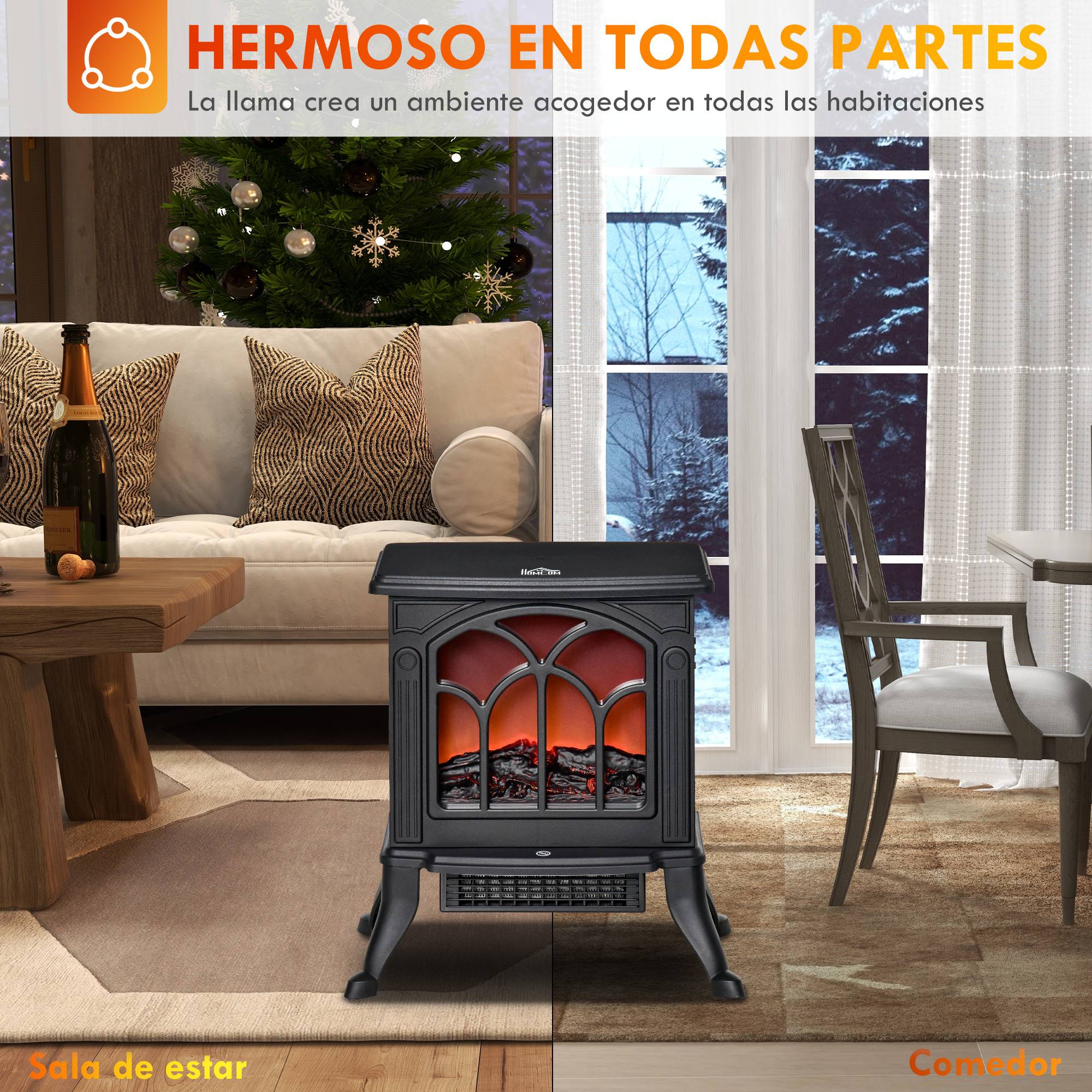 Cheminée électrique sur pied 750/1500W 2 niveaux puissance effet flamme couverture 15-20 m² noir - Image 9