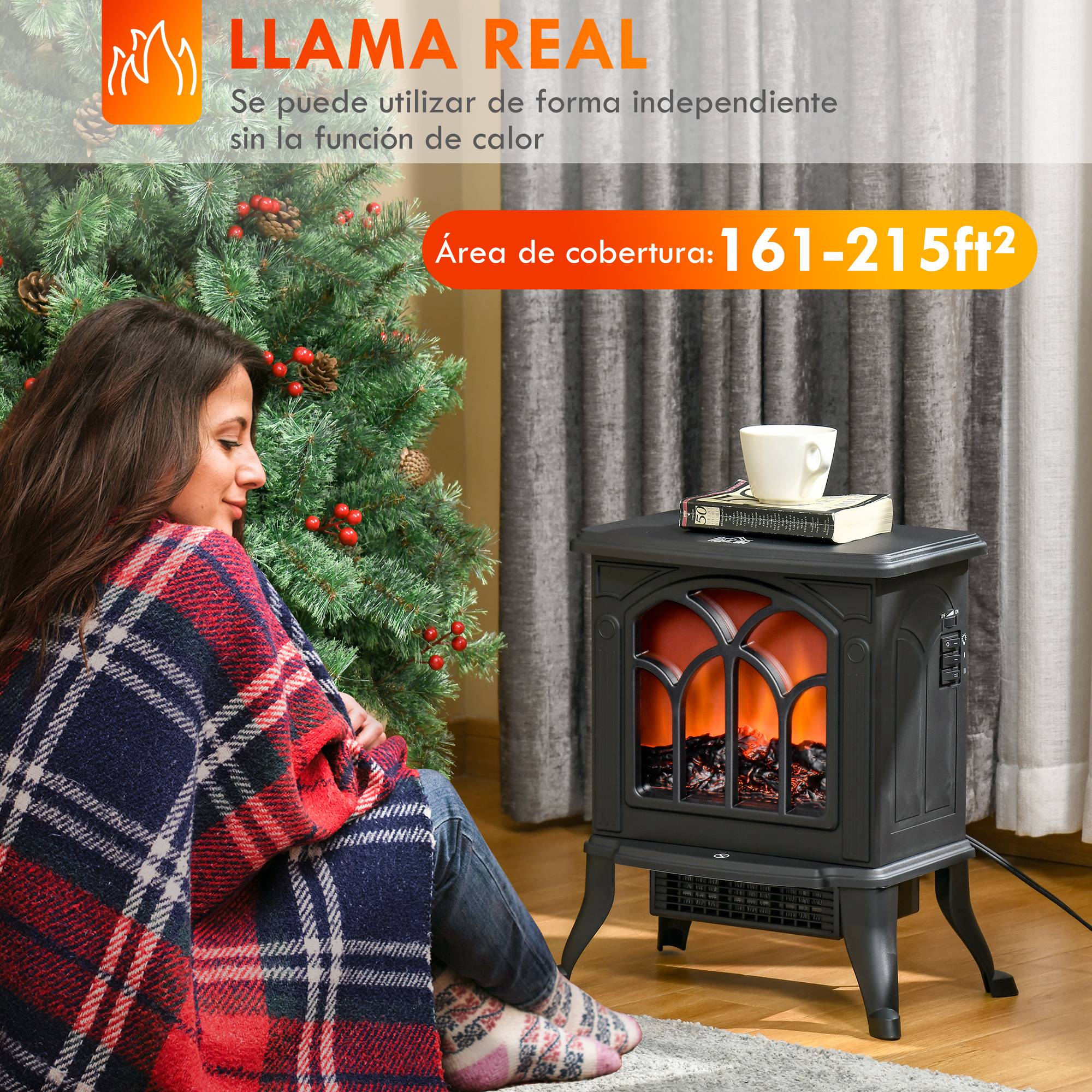 Cheminée électrique sur pied 750/1500W 2 niveaux puissance effet flamme couverture 15-20 m² noir - Image 6