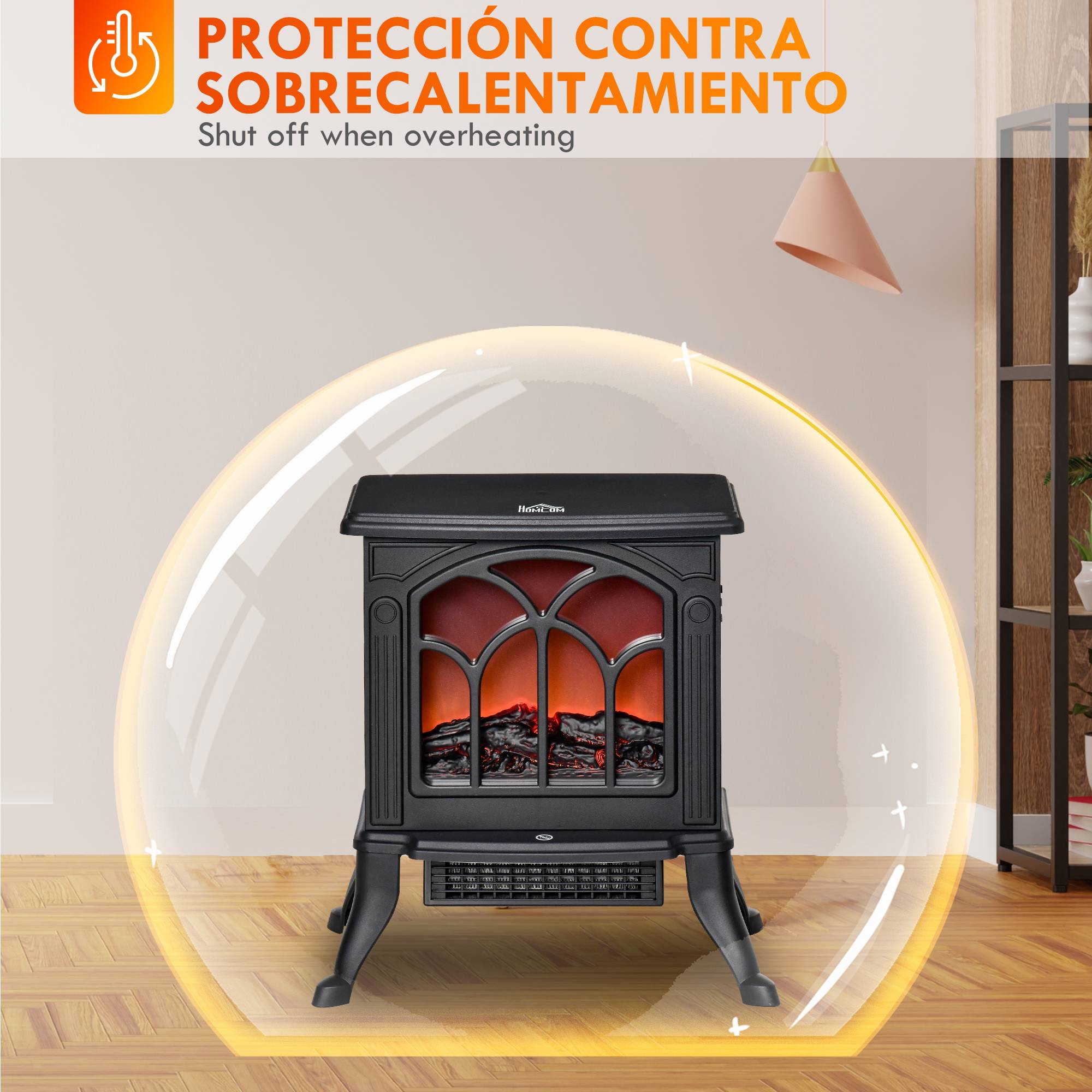 Cheminée électrique sur pied 750/1500W 2 niveaux puissance effet flamme couverture 15-20 m² noir - Image 8
