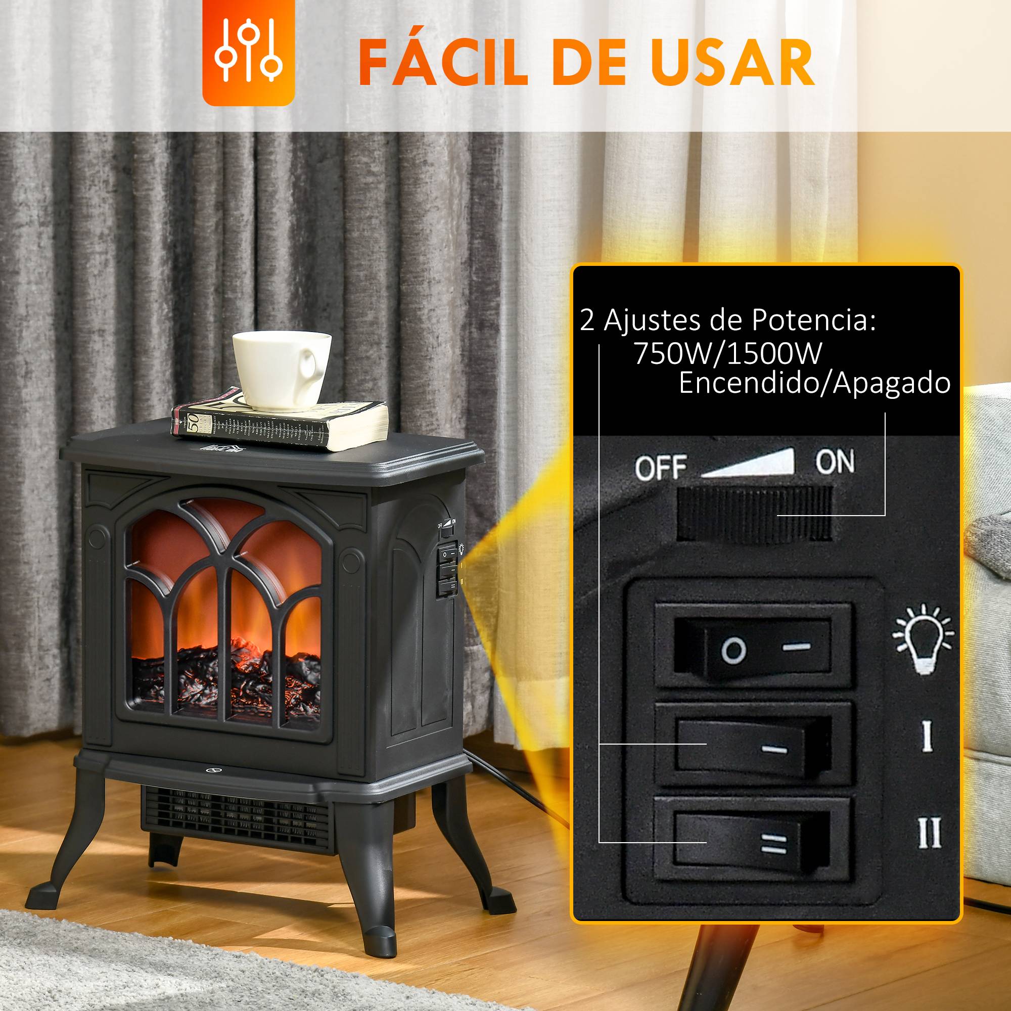Cheminée électrique sur pied 750/1500W 2 niveaux puissance effet flamme couverture 15-20 m² noir - Image 7