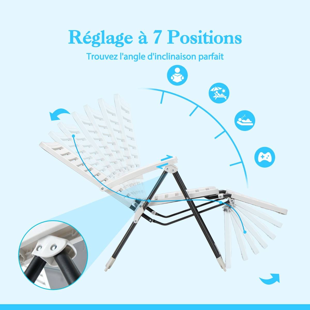 Chaise Longue Inclinable avec Dossier Réglable à 7 Niveaux Transat Bain de Soleil Fauteuil de Jardin pour Piscine Plage Blanc - Image 6