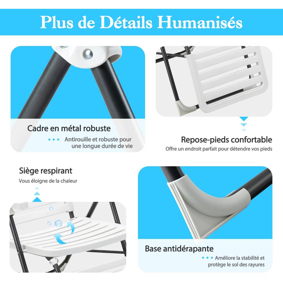 Chaise Longue Inclinable avec Dossier Réglable à 7 Niveaux Transat Bain de Soleil Fauteuil de Jardin pour Piscine Plage Blanc - Image 4