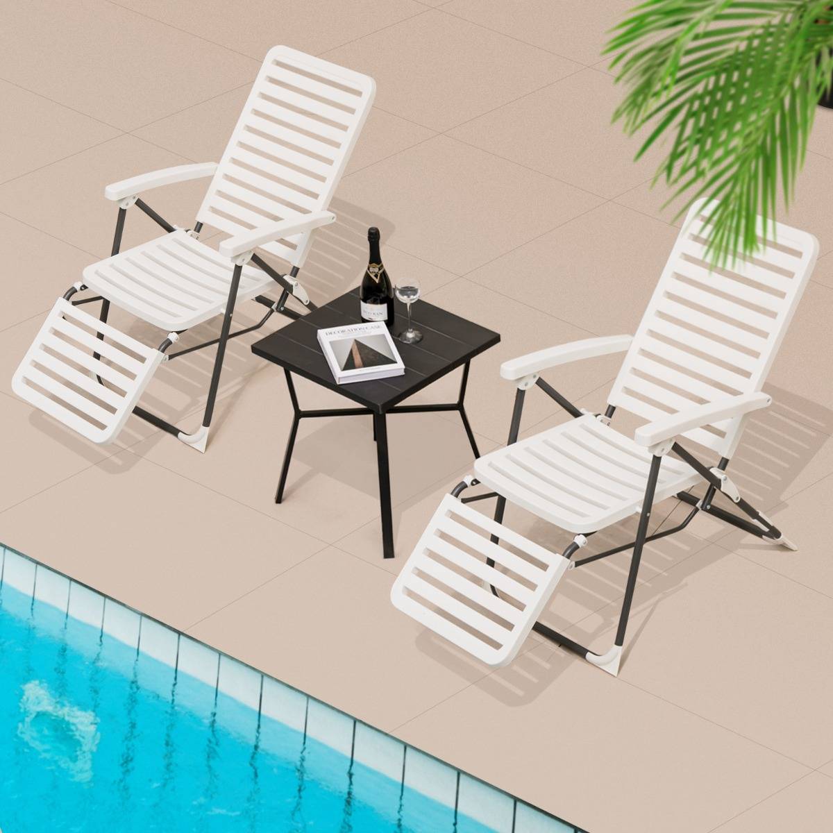 Chaise Longue Inclinable avec Dossier Réglable à 7 Niveaux Transat Bain de Soleil Fauteuil de Jardin pour Piscine Plage Blanc - Image 2