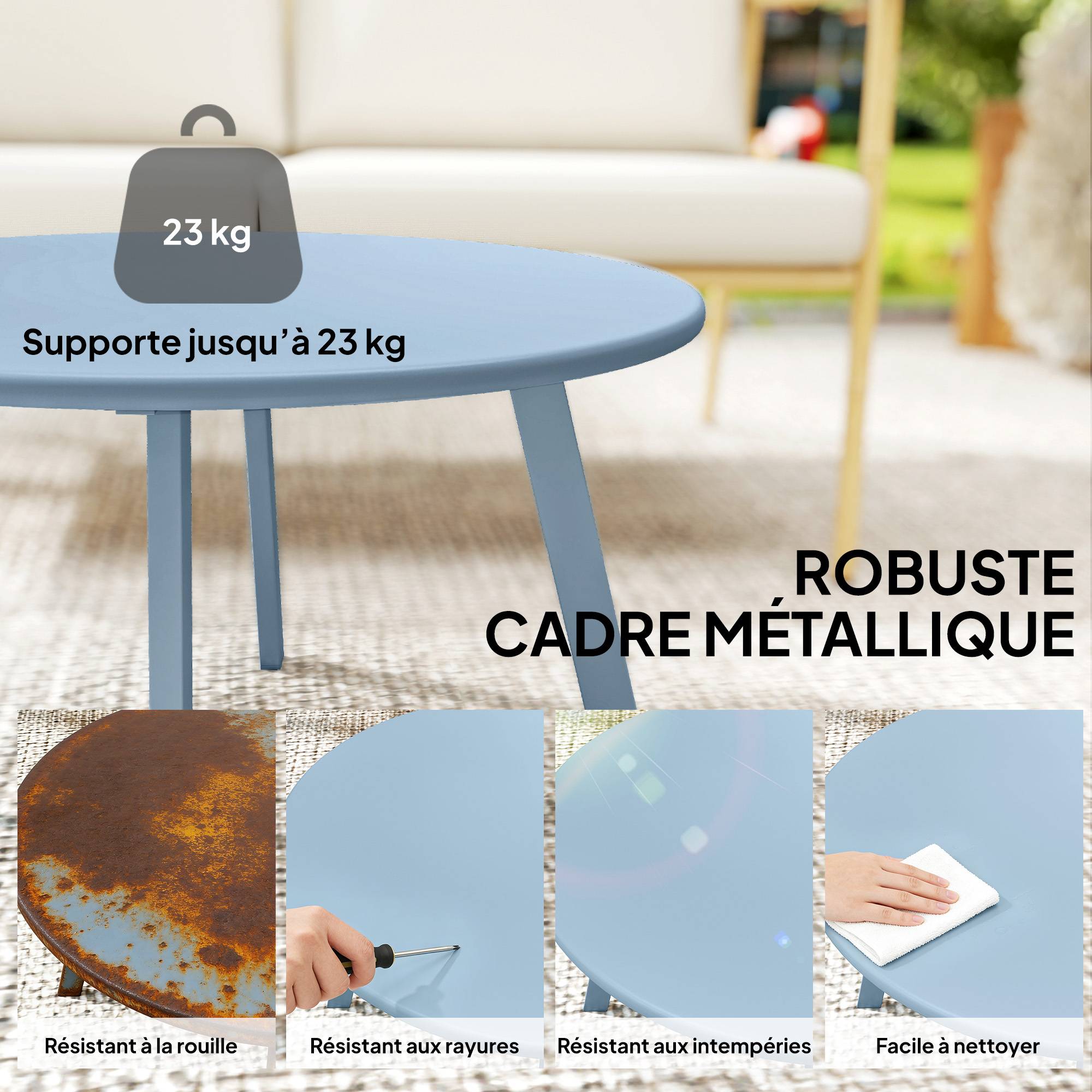 Petite table basse ronde métal pour jardin et salon antidérapante 70cm bleu - ComfortXL Outdoor Living - Image 7