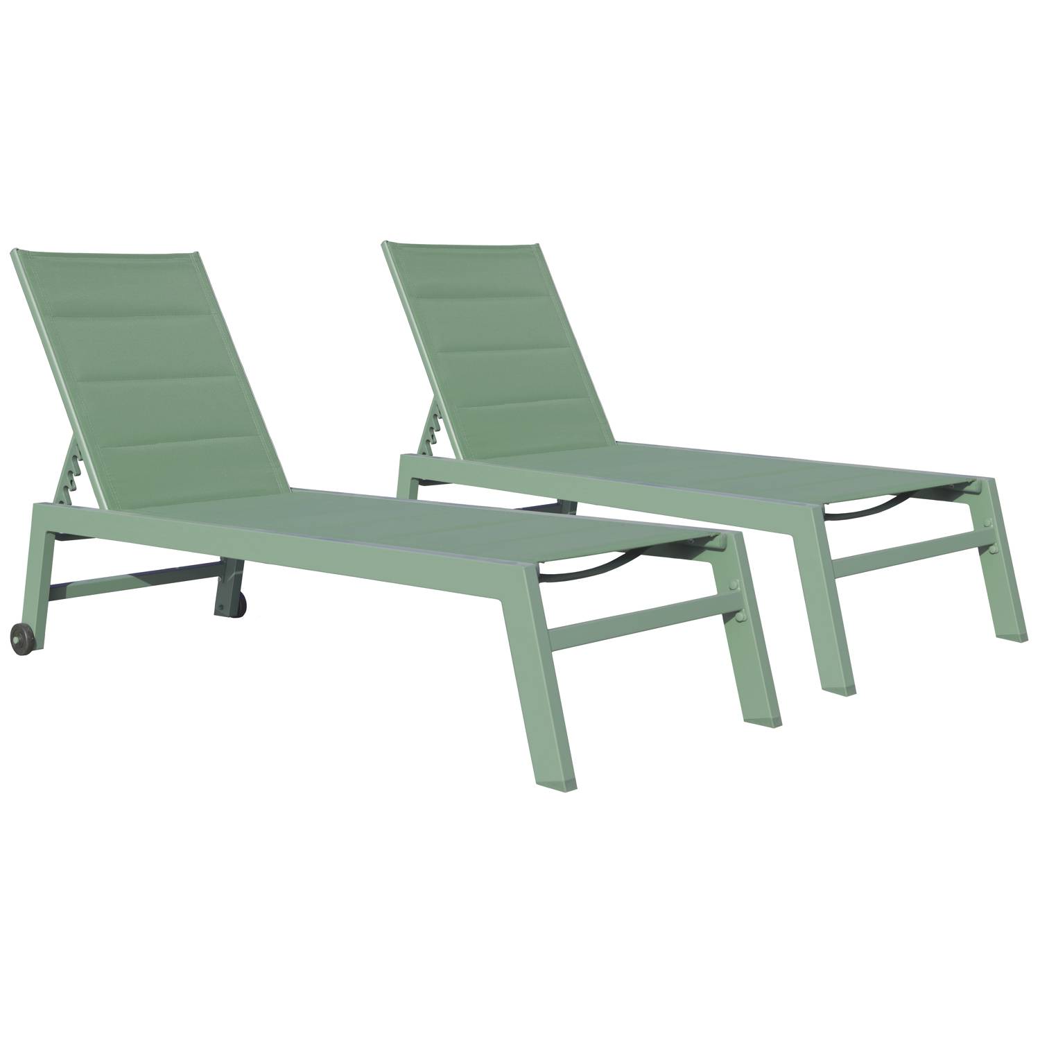 Lot de 2 bains de soleil BARBADOS en textilène vert sauge - aluminium vert sauge - HAPPY GARDEN - Imagen 1