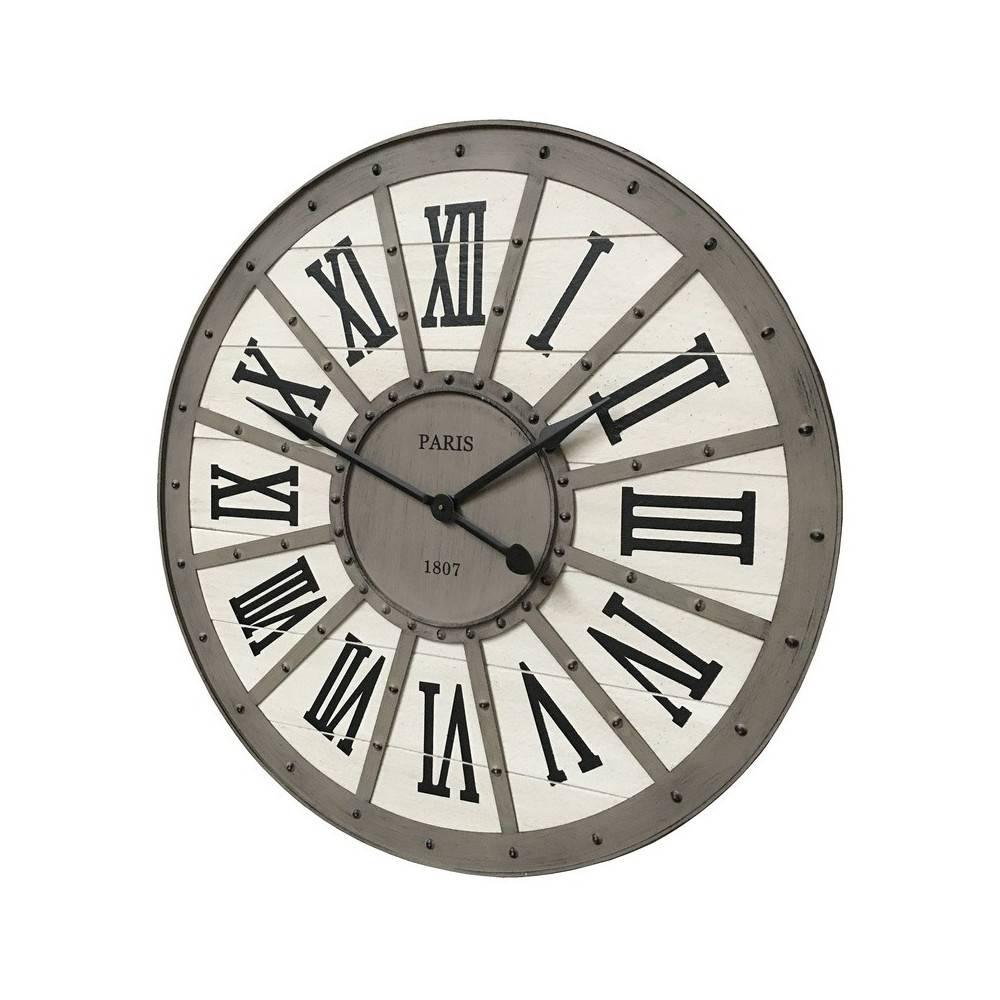 ~ Grande horloge murale décorative vintage salon métal gris blanc 94cm Chemin de campagne