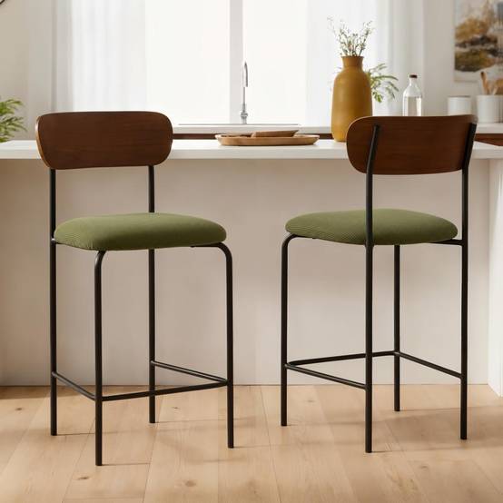 Sicaan Lot de 2 tabourets de bar scandinaves OLIVIA velours côtelé kaki - Image 3