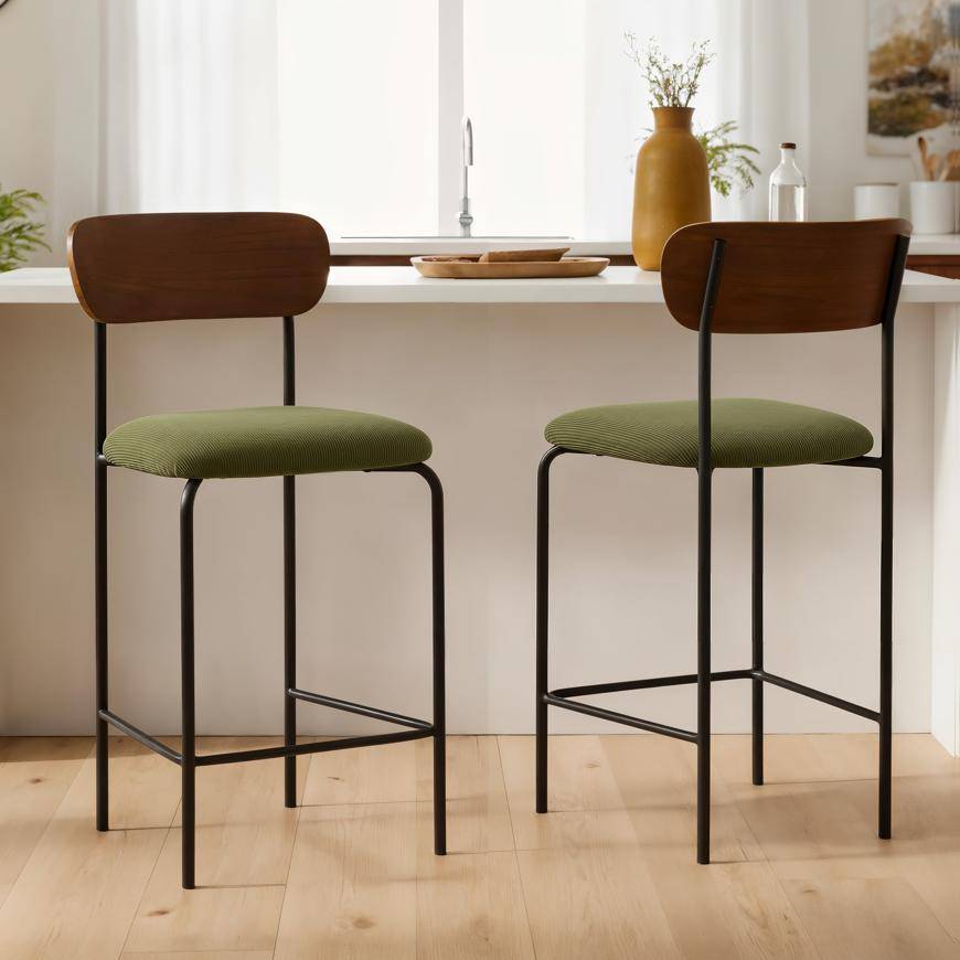 Sicaan Lot de 2 tabourets de bar scandinaves OLIVIA velours côtelé kaki