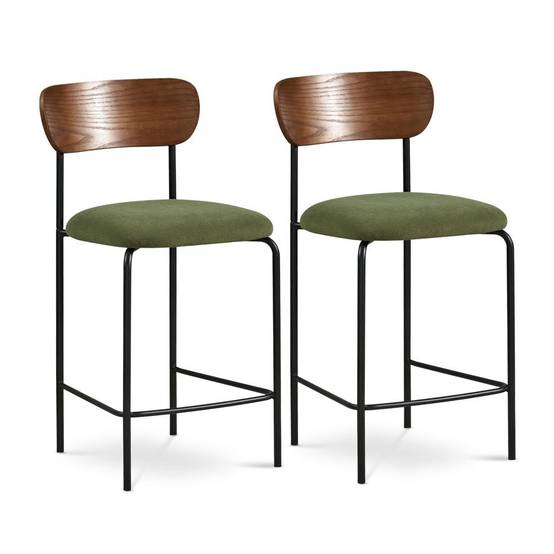 Sicaan Lot de 2 tabourets de bar scandinaves OLIVIA velours côtelé kaki - Image 1