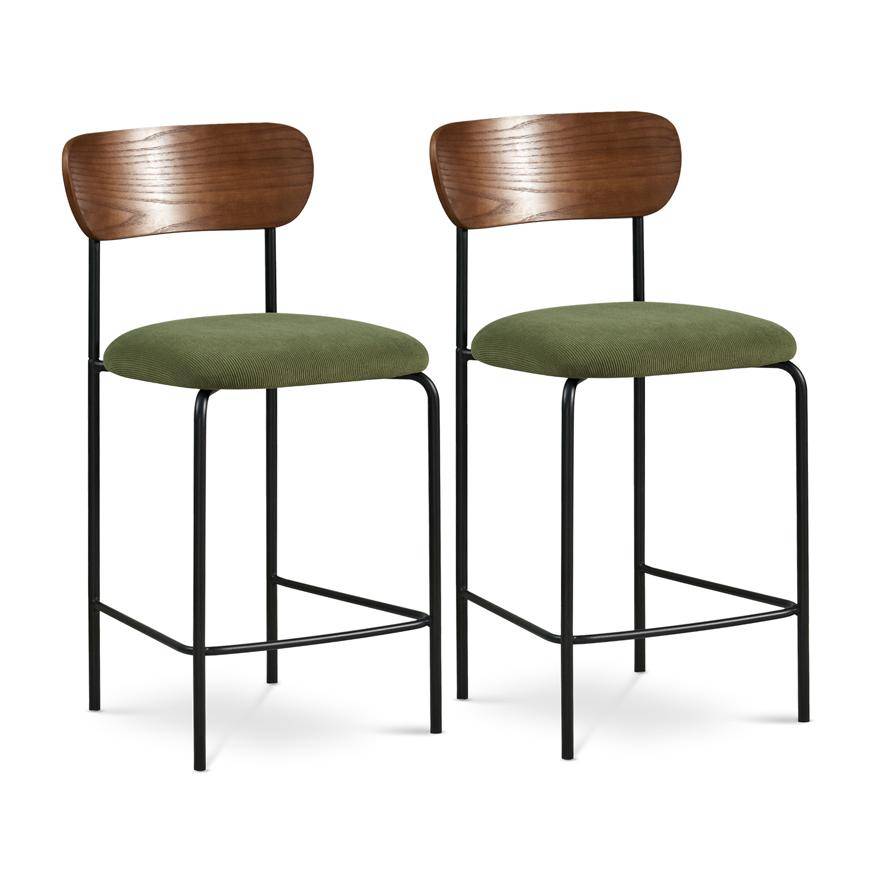 Sicaan Lot de 2 tabourets de bar scandinaves OLIVIA velours côtelé kaki - Image 1