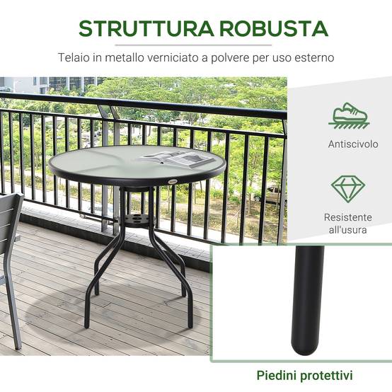 Table de Jardin Acier Verre Trempé Balcon Trou Parasol Ø80x72cm Noir - ComfortXL Outdoor Living - Image 8
