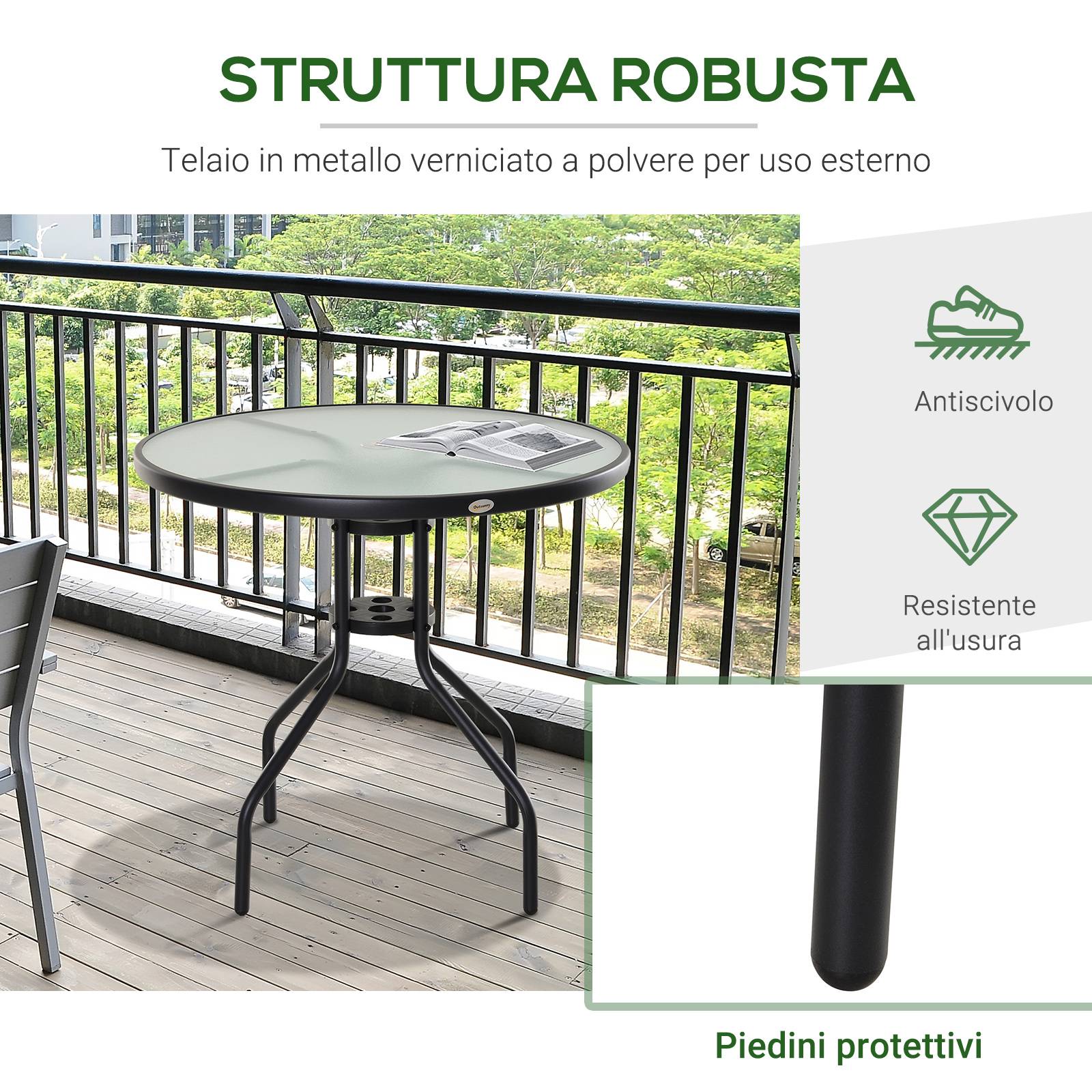 Table de Jardin Acier Verre Trempé Balcon Trou Parasol Ø80x72cm Noir - ComfortXL Outdoor Living - Image 8