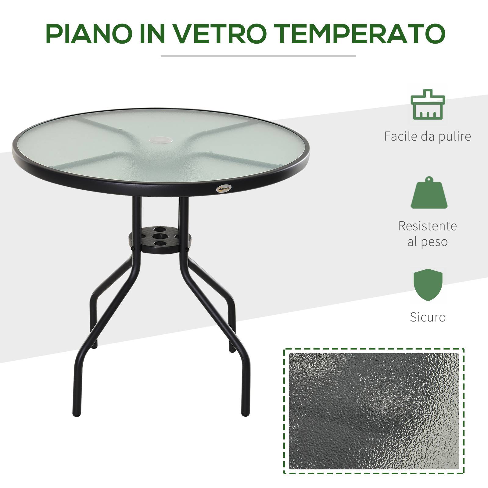 Table de Jardin Acier Verre Trempé Balcon Trou Parasol Ø80x72cm Noir - ComfortXL Outdoor Living - Image 7